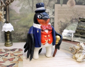 Swallow Gentleman, clay figurine, bird miniature, victorian style animal decor, desk pet