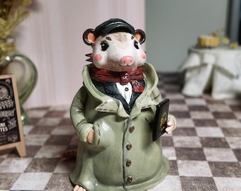 Possum in trenchcoat figurine, funny opossum disguise statue, two opossums in coat meme gift, weird animal art, cubicle desk pet