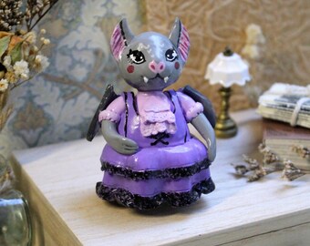 Handmade Polymer Clay Bat Figurine, Gothic Dress Desk Decor