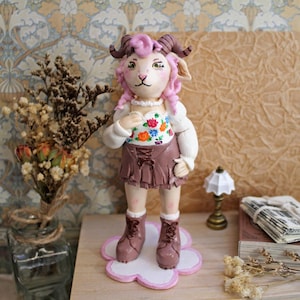 Sheep girl clay figurine, vintage outfit, funny sheep, desk friend, fairy animal, custom sculptur, table decoration