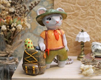 Handmade Polymer Clay Mouse Scout Figurine, Traveler Adventure Sculpture, Forest Decor
