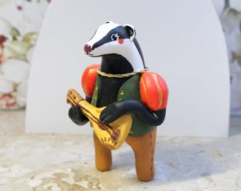 Handmade Clay Badger Bard Figurine, Fairytale Medieval Folk Style, Musician Gift