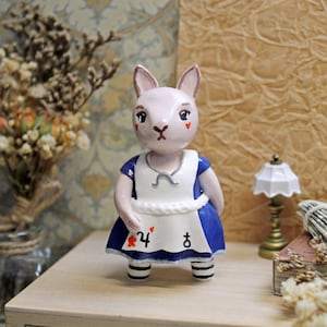 Clay figurine White rabbit, alice style dress, miniature figure, alice decor room, desk pet, skulpture rabbit, animal desk pet, animal totem