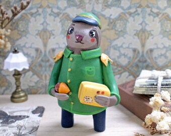 Sloth courier, clay figurine, storybook desk decor, gift for a postal worker, courier, miniature animals