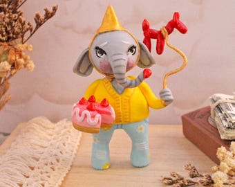 Birthday Elephant with cake, clay figurine, party decor, Birthday gift, collectible miniature animal
