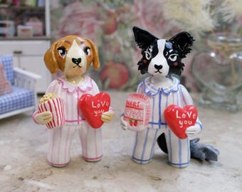 Handmade Polymer Clay Beagle Border Collie Pajama Figurines, Valentine Desk Pet