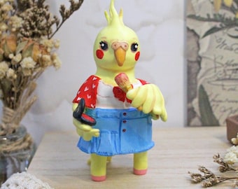Valkparkiet beeldje met blos op, schattig papegaaienbeeldje met make-up, cadeau voor valkparkietliefhebber, grappige vogelminiatuur, decoratie voor de kaptafel