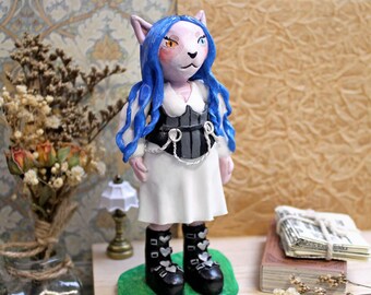 Gotische Sphynx-katfiguur — Alternatieve modekat, cadeau voor Sphynx-liefhebbers, gotische kleipop, heksenachtige alternatieve grudge sculptuur