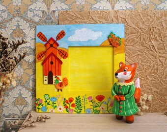 Photo frame with Fox clay figurine, nursery decor, hand painted frame