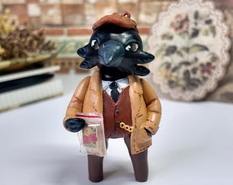 Detective Crow figurine with evidence, raven sherlock statue in trench coat, mystery book lover gift, dark academia decor, cubicle desk pet