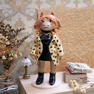Cow girl clay figurine, furry cow, animal in clothes, cartoon cow, fairy figure, gift funny, desk decoration, animal totem
