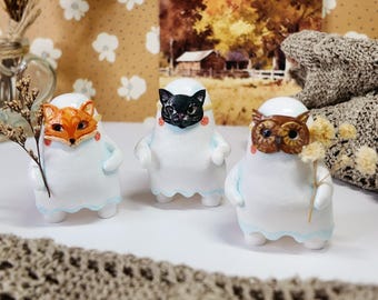 Halloween spookfiguurtje, spook met vossen-, uilen- en kattenmasker, griezelige herfstdecoratie, cadeau voor spookliefhebbers, decoratie voor je bureau of kantoor met huisdierthema