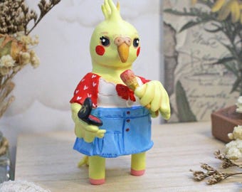 Cockatiel Makeup Figurine - Cute Parrot with Blush Brush - Vanity Table Decor - Self Care Gift for Bird Lovers - Kawaii Aesthetic Miniature