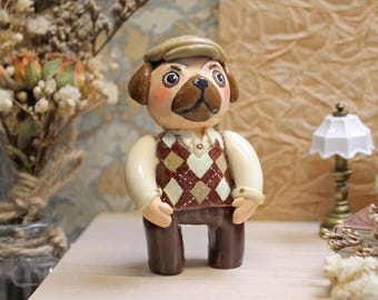 Grandpa Pug, clay figurine, senior dog, memorial, gift for grandpa