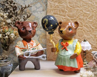 Gender party Bear family with a balloon, clay figurine, baby shower party gift