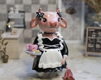 Cow maid, clay figurine, miniature cafe decor, cozy kitchen decor, desk pet