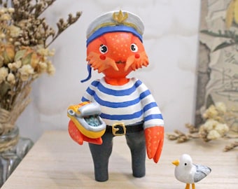 Zeekrabfiguurtje met zeemeeuw, nautisch kapiteinsbeeldje, leuk cadeau voor kreeftenliefhebbers, decoratie voor de badkamer in een strandhuis, uniek bureaufiguurtje