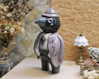 Raven detective, clay figurine, crow investigator statue, gift for mystery detective lovers