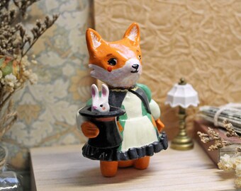 Illusionist Fox clay figurine, magician gift, magic show decor, artisan circus performer sculpture