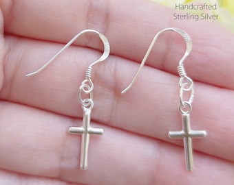 Classic Cross Dangle Earrings 925 Sterling Silver, Holy Cross Earrings, Baptism Gift, Everyday Jewelry, Simple Earrings, Dainty, Spiritual