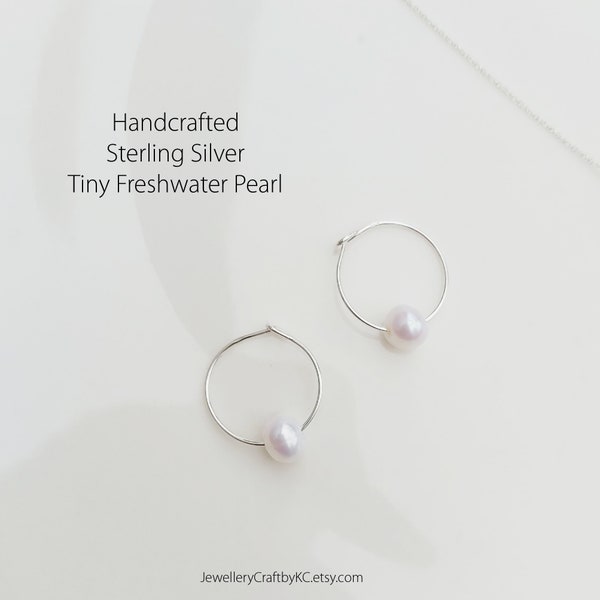 Tiny Freshwater Pearl Sterling Silver Hoop Earrings, Pearl Hoop Earrings, Bridesmaid Gift, Everyday Jewelry, Simple Earrings, Minimalist