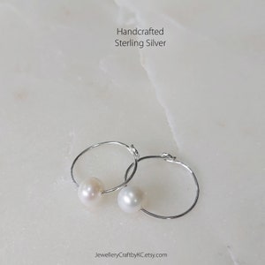 Tiny Freshwater Pearl Hoop Earrings, 100% Solid 925 Sterling Silver, Handcrafted Floating Pearl along the hoop