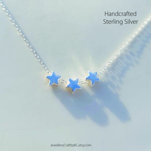 Triple Stars Necklace, 100% Solid 925 Sterling Silver, Handcrafted dainty floating stars along the chain