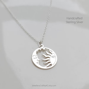 Moon and Sun Charm and Necklace 100% Solid 925 Sterling Silver, Handcrafted dainty Celestial Jewellery