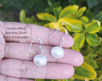 8mm Freshwater Pearl Sterling Silver Dangle Earrings, 100% Solid 925 Sterling Silver, Handcrafted dainty Love and Friendship Jewellery