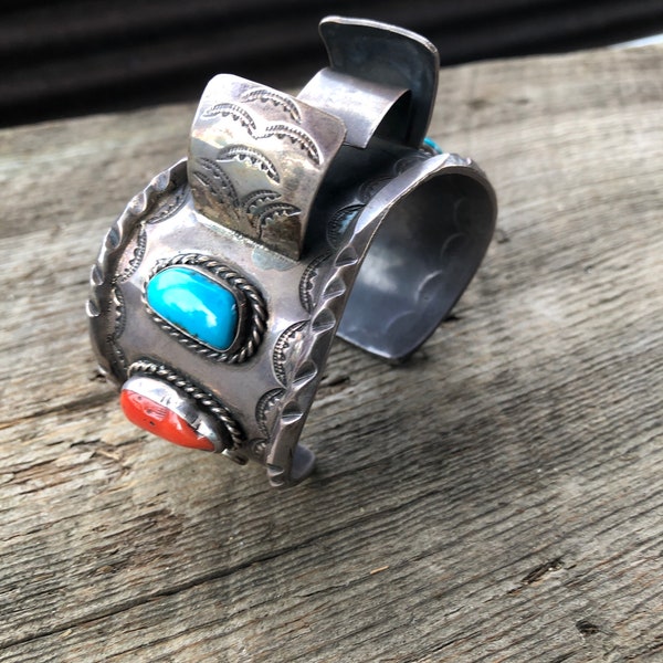 Vintage Large Sterling Silver Southwest Turquoise Coral Watch Cuff