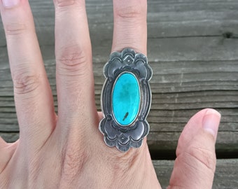 May include: A silver ring with a turquoise stone set in a detailed design. The ring is worn on a person's finger.