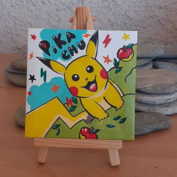 Peinture sur toile - Pikachu - pokemon - peinture acrylique - manga - dessin animé - idée cadeau -