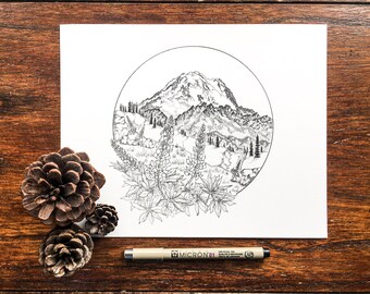 Lupines- Original Mt. Rainier Archival Print -PNW Art- Mt. Rainier National Park Wildflowers -Pen and Ink