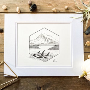 Orcas and Mt. Baker Original Illustration Print Archival Quality Print image 1