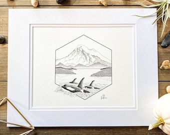 Orcas and Mt. Baker -Original Illustration Print- Archival Quality Print