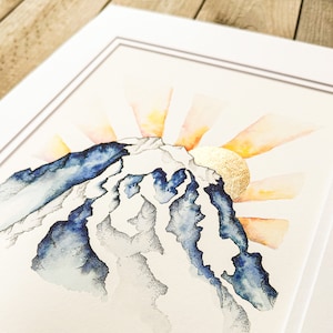 Mt. Rainier Illustrated Sunrise Print -Original Art Print- Gold Leaf Detail