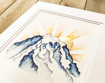 Mt. Rainier Illustrated Sunrise Print -Original Art Print- Gold Leaf Detail