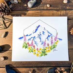 Mt. Hood Original Watercolor Print -Mountain Wildflowers- Oregon
