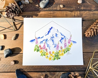 Mt. Hood Original Watercolor Print -Mountain Wildflowers- Oregon