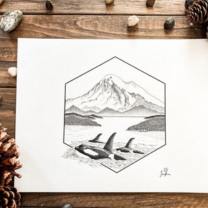 Orcas and Mt. Baker Original Illustration Print Archival Quality Print image 2