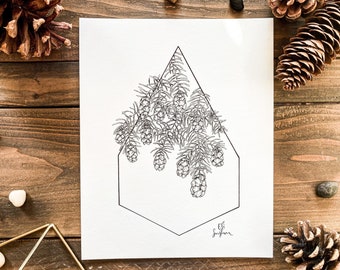 Western Hemlock Geometric Print -Original Pinecone Illustration- Archival Quality Print