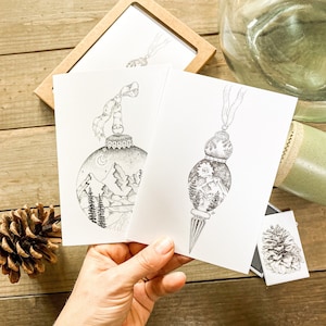 Cartes de Noël—Illustration d’ornements vintage -Ensemble de 4 cartes de vœux- Art original