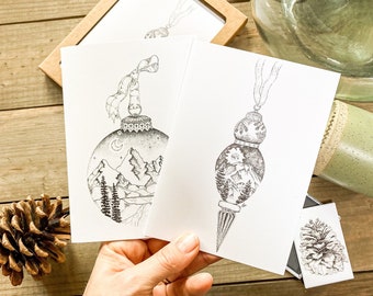 Christmas Cards—Vintage Ornaments Illustration -Set of 4 Greeting Cards- Original Art