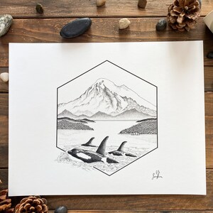 Orcas and Mt. Baker Original Illustration Print Archival Quality Print image 5