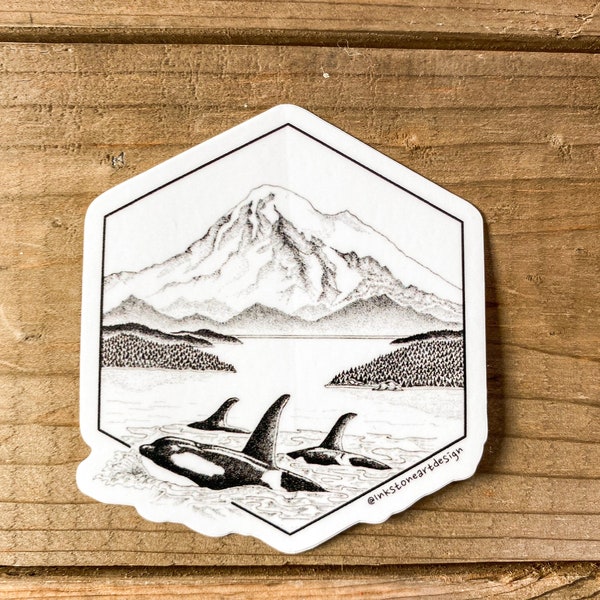 Orcas and Mt. Baker Weatherproof Vinyl Sticker -Original Pen & Ink Illustration- Made in Washington