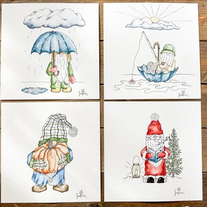 4 aquarelles originales Nains de printemps, d'été, d'automne et d'hiver Set of 4