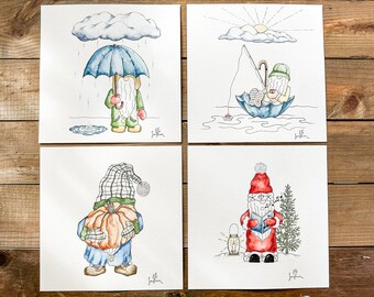 4 Originals Watercolor Paintings - Spring, Summer, Fall, Winter Gnomes