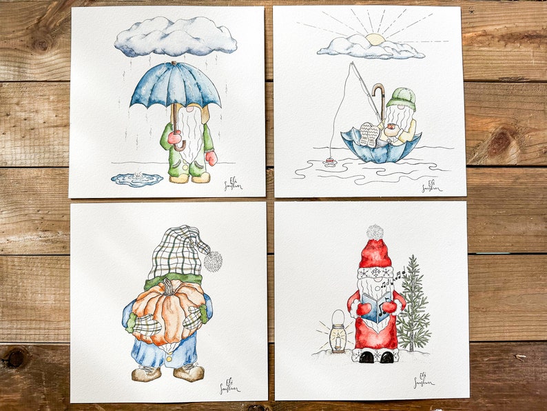 4 aquarelles originales Nains de printemps, d'été, d'automne et d'hiver Set of 4