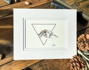 Minimalist Mt. Rainier —Original Illustration Print— Gold Leaf Detail