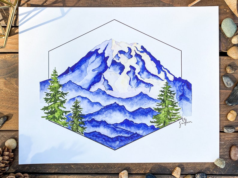 Mt. Rainier Original Watercolor Print Archival Quality Mount Rainier 11x14 inches